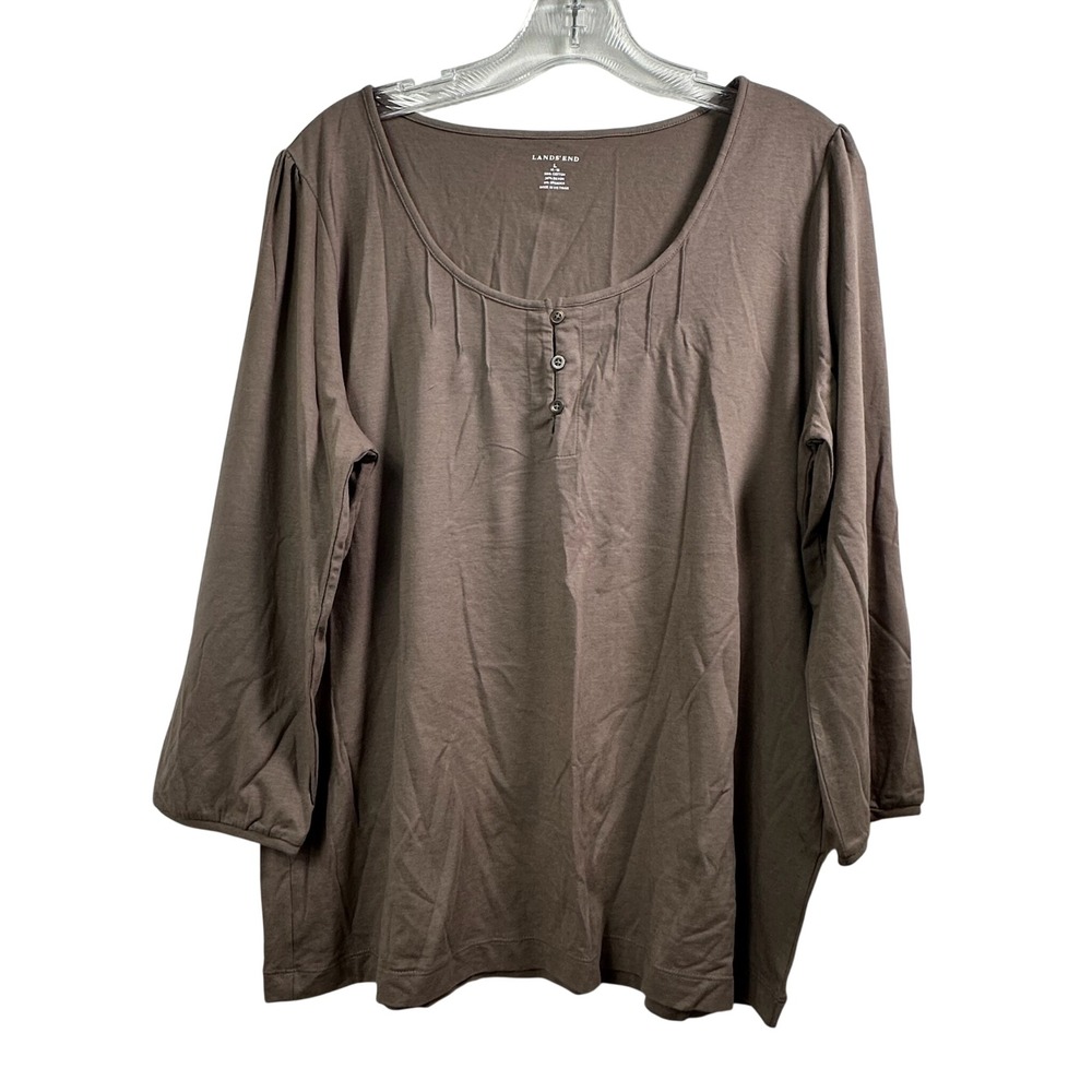 Lands End Brown Henley Top 3/4 Sleeve Pintuck Scoop Neck Cotton Blend Large